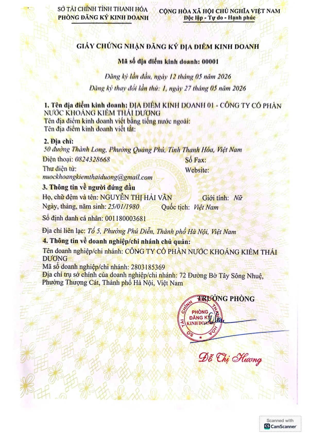 Giấy Chứng Nhận Địa Điểm Kinh Doanh 01 Tại Thanh Hóa